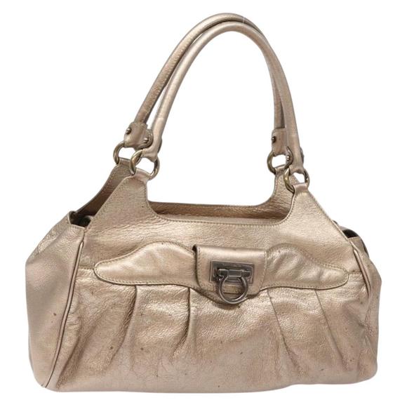 Salvatore Ferragamo Gancini Hand Bag Leather Gold Auth 136922